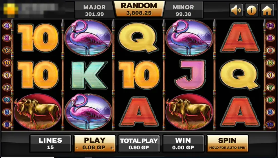 Safari Heat reels on Joker123 with pink flamingos, a buffalo, gold card letters 10, J, Q, K and A on a dark background