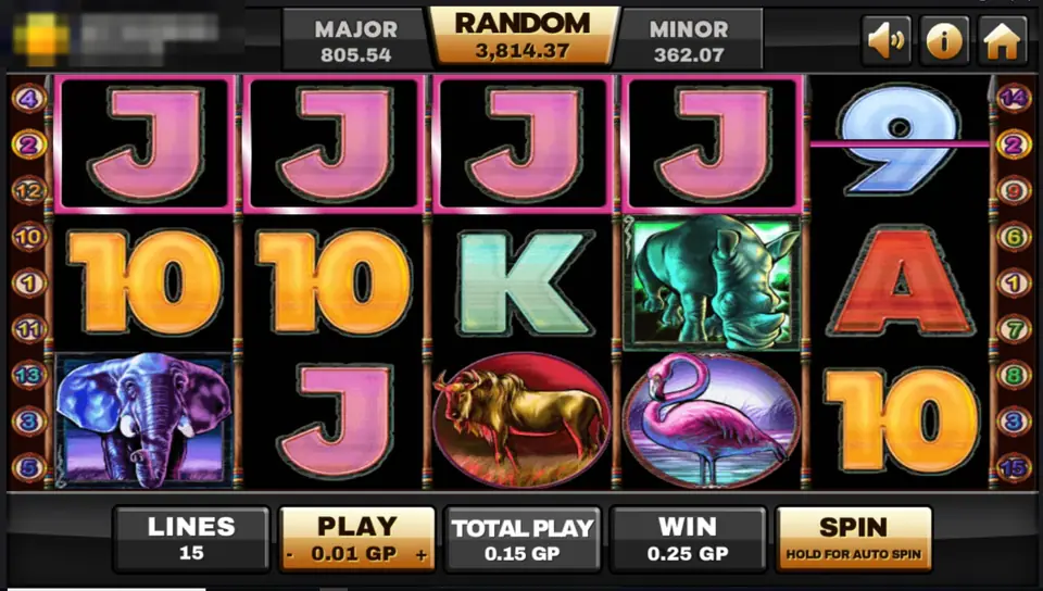Four pink J symbols framed on the top row of Safari Heat for a 0.25 GP win