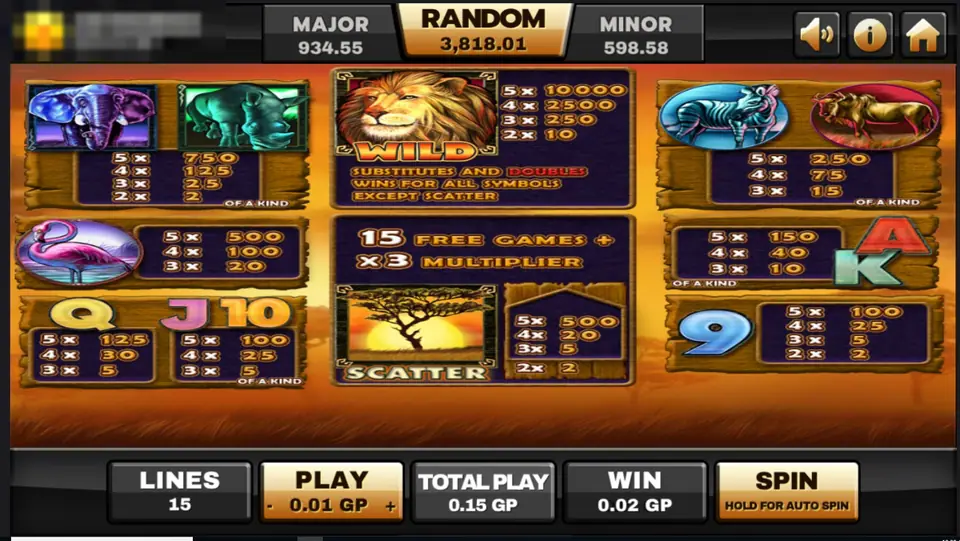 Safari Heat paytable: lion wild pays up to 10000 and doubles wins, acacia tree at sunset is the scatter, 15 free games plus x3 multiplier