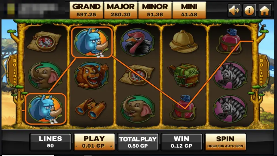 Safari Life win with a line joining blue rhinos across the reels, 0.12 GP win