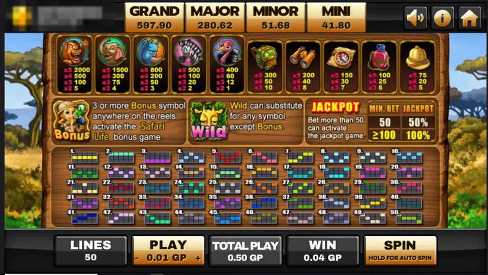 Safari Life paytable with ten symbol payouts, the Bonus and Wild rules, a jackpot table and a chart of all 50 lines