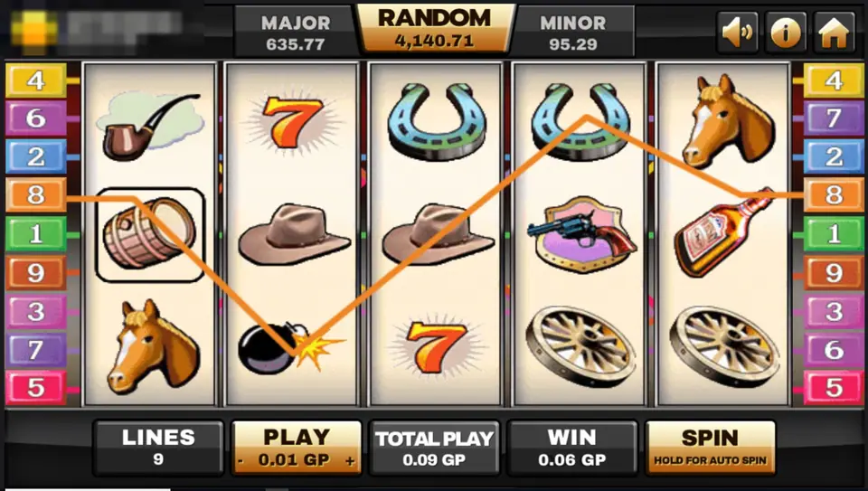 Silver Bullet win line starting at a boxed barrel, dipping to a bomb and rising to a horseshoe, with the revolver scatter on reel four, 0.06 GP win