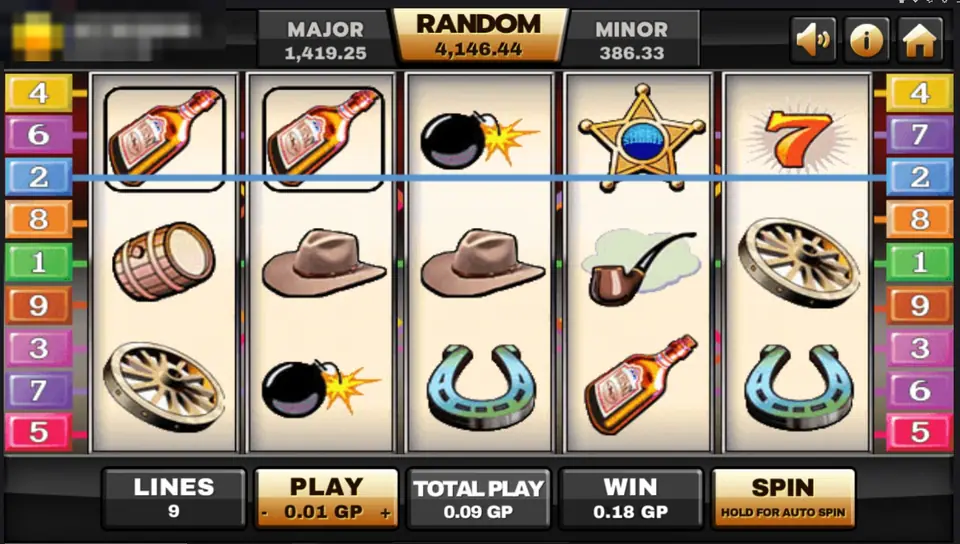 Silver Bullet top-row win with two whisky bottles boxed on the left and a sheriff star in the middle, 0.18 GP win
