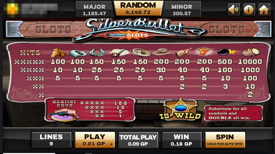 Silver Bullet paytable showing payouts for ten symbols, revolver scatter pays and the sheriff star wild that doubles wins