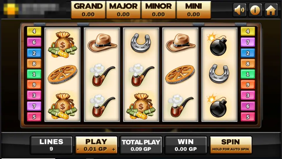 Silver Bullet Progressive reels on Joker123 with money bags, cowboy hats, a horseshoe, wagon wheels, pipes and bombs, 9 numbered lines on each side