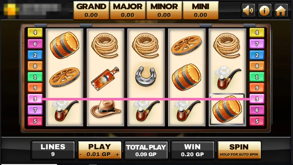 Silver Bullet Progressive with a pink line along the bottom row through ropes, a pipe, a hat and a barrel, 0.20 GP win