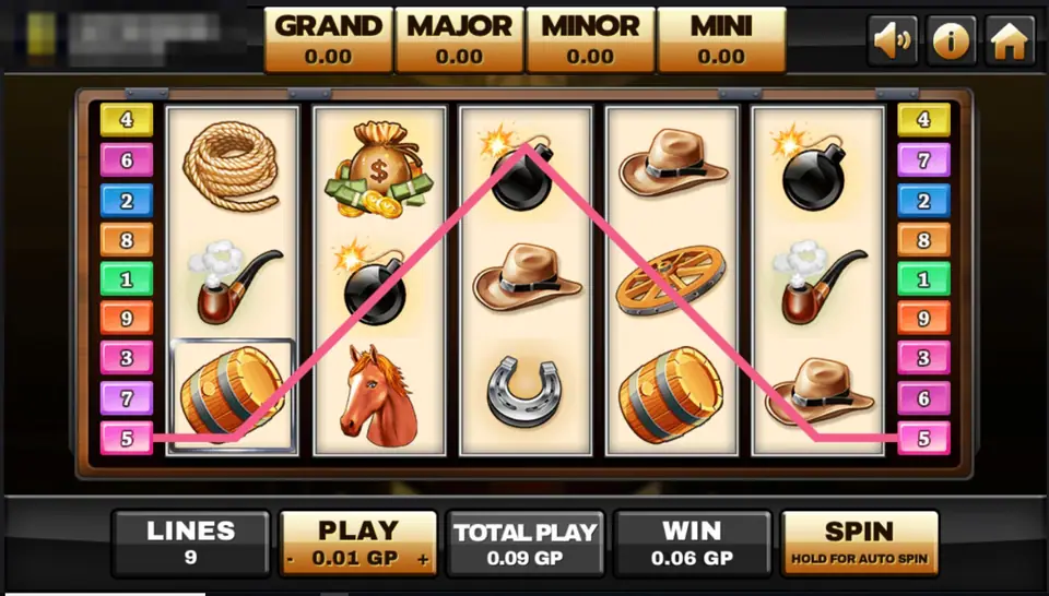 Silver Bullet Progressive win line running from a pipe up to a bomb and down to a horse head on the right, 0.06 GP win
