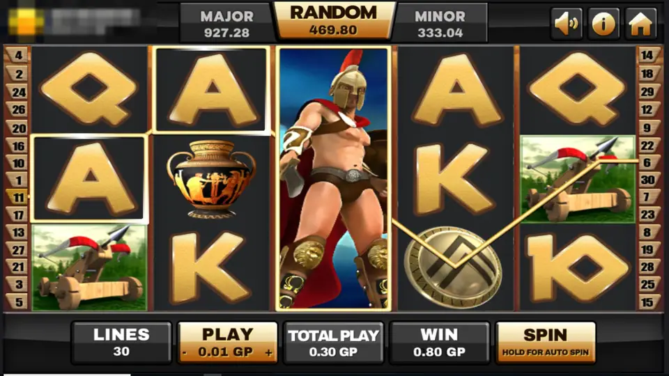 Sparta win with the Spartan warrior filling the whole middle reel, a line running through a shield and a catapult, 0.80 GP win