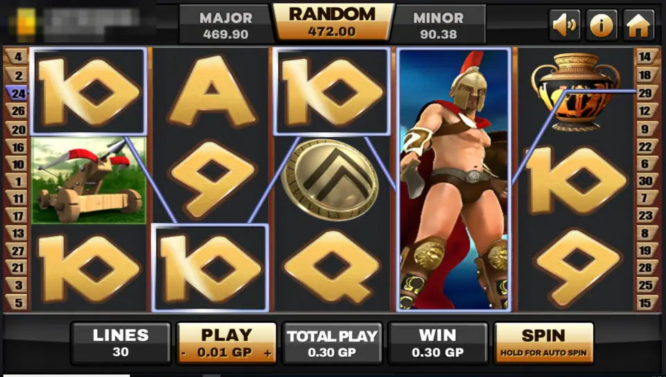 Sparta screen with the warrior wild expanded on reel four and several boxed 10 symbols on a winning line, 0.30 GP win