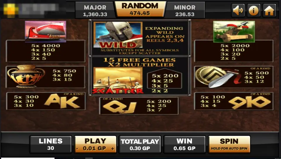 Sparta paytable: expanding wild on reels 2, 3 and 4, 15 free games with x2 multiplier, scatter of Spartan soldiers, and payouts for ship, catapult, vase and shield