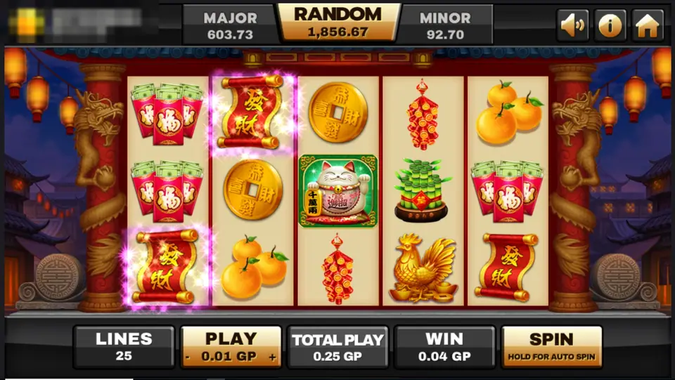 Supreme Caishen win with two red scrolls glowing pink on reels one and two, tangerines and a lucky cat on the reels, 0.04 GP win