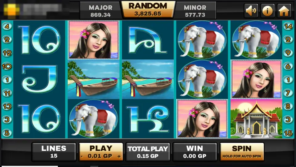 Thai Paradise reels on Joker123 with a woman with a flower in her hair, white elephants, a temple, a longtail boat and card letters drawn in a Thai-style script on teal