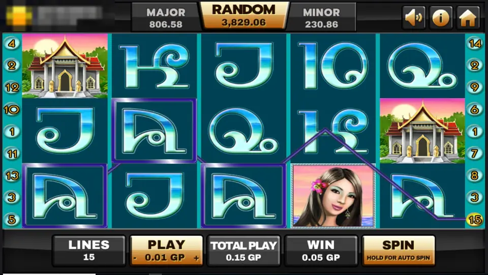 Thai Paradise win line through several A symbols, with a temple on the left and the woman portrait on reel four, 0.05 GP win