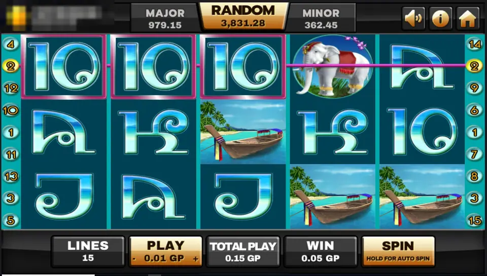 Thai Paradise top-row win with three 10 symbols and an elephant boxed in pink, 0.05 GP win
