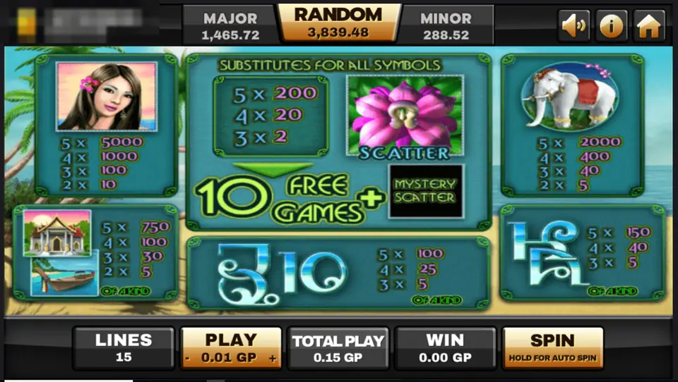 Thai Paradise paytable: woman pays up to 5000, elephant 2000, temple and boat 750, lotus scatter, 10 free games plus mystery scatter