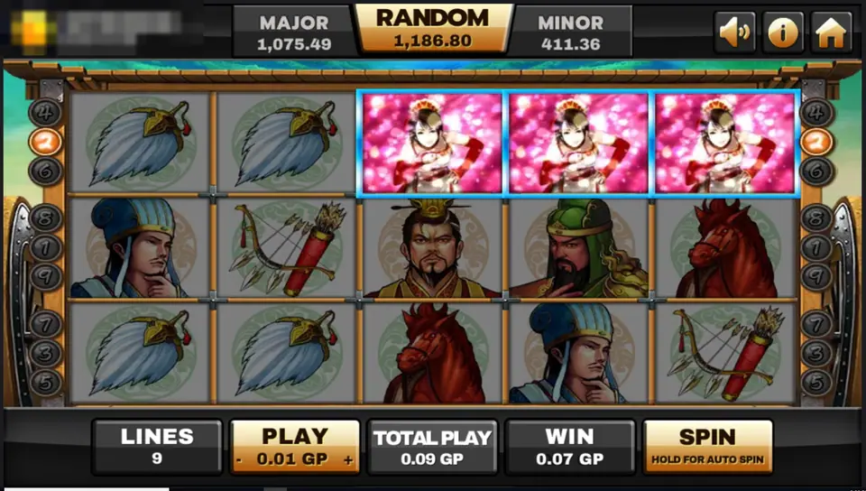 Three Kingdoms win with three pink-framed portraits of a woman on the top row, 0.07 GP win
