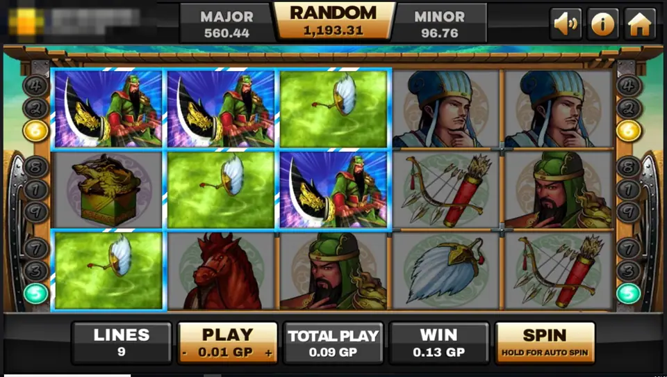 Three Kingdoms win with animated panels of the green-helmeted general swinging a long blade and the feather fan on a green background, 0.13 GP win