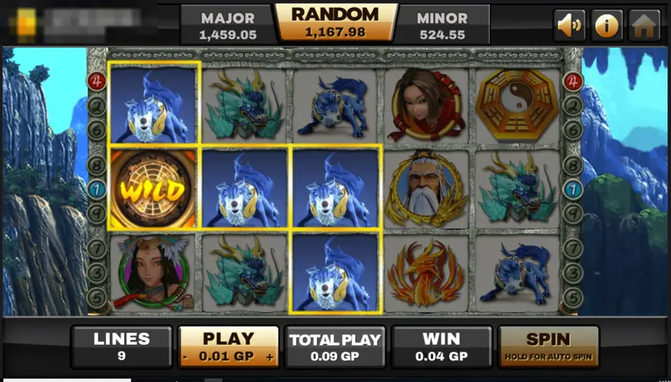 Thun Ten God win with the bagua WILD tile and three blue wolf-like beasts framed in yellow, 0.04 GP win