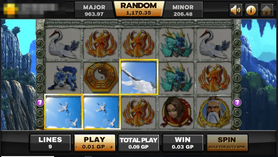 Thun Ten God win with three white cranes on a bright blue background along the bottom row, 0.03 GP win