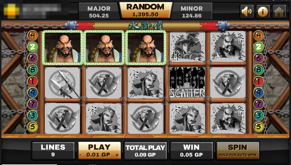 Water Margin win with three portraits of the bald monk framed in green on the top row, the other symbols greyed out, 0.05 GP win
