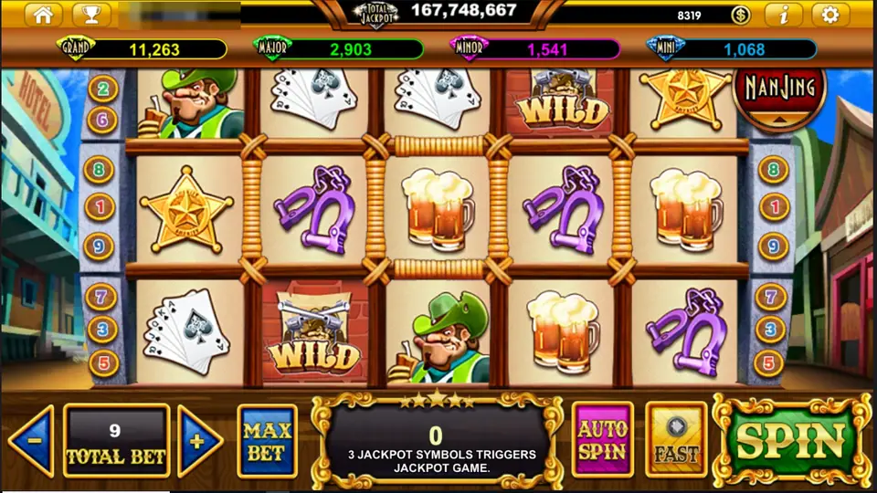 Money Bang Bang slot with a bandit in a green hat, sheriff stars, beer mugs, purple handcuffs and two WILD tiles on five reels, total bet 9
