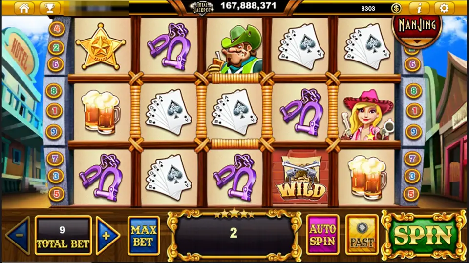Money Bang Bang reels with a blonde cowgirl in a pink hat holding two pistols, beer mugs, handcuffs and a WILD tile, with a win of 2 in the message box