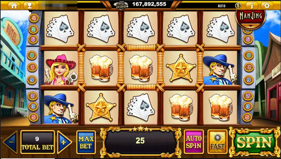 Money Bang Bang with a row of five playing-card fans across the top and a win of 25 in the message box