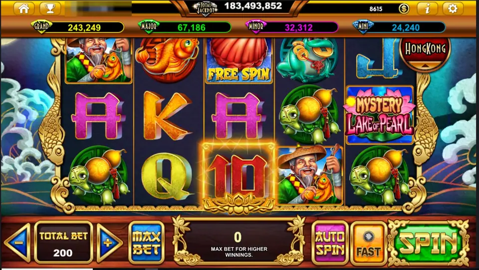 Mystery Lake of Pearl slot with a smiling old fisherman, a golden koi, a clam shell marked FREE SPIN, a jade frog, turtles carrying gourds and the game logo on the reels