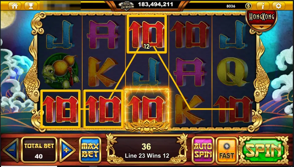 Mystery Lake of Pearl win on line 23, three red 10 symbols boxed along the bottom row, message box showing 36