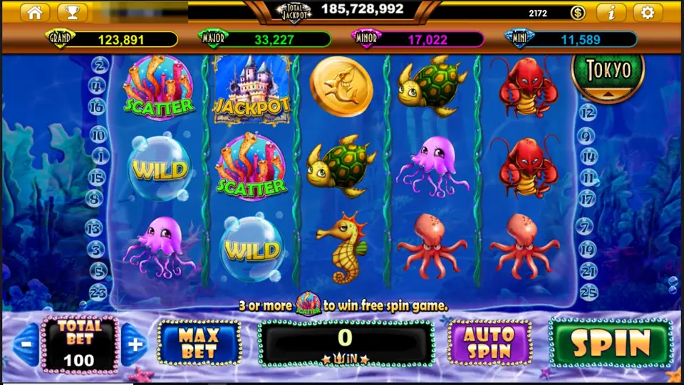 Ocean Trouble slot with coral SCATTER symbols, bubble WILDs, a castle JACKPOT tile, turtles, a pink jellyfish, red lobsters and orange octopuses, total bet 100
