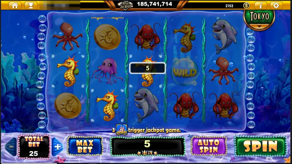 Ocean Trouble reels with seahorses, a gold shark coin, dolphins, a bubble WILD and red lobsters, a win of 5 shown on the middle reel