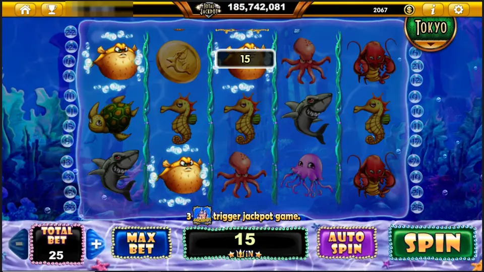 Ocean Trouble with two puffer fish, grey sharks and octopuses on the reels and a win of 15 at a total bet of 25