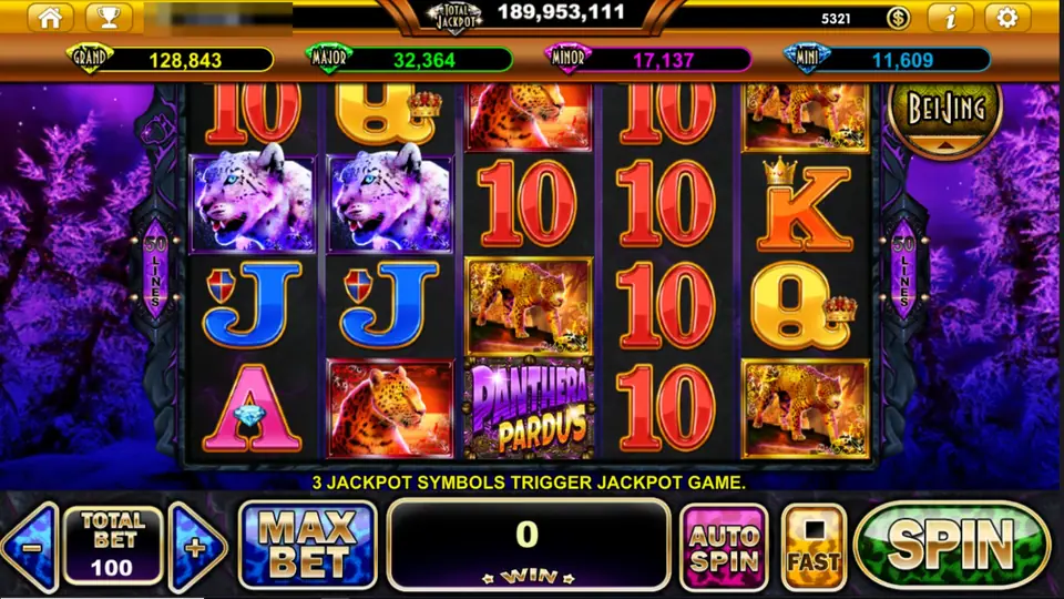 Panthera Pardus slot with snow leopards, spotted leopards, red and gold card symbols with crowns and gems, and 50 LINES banners on both sides