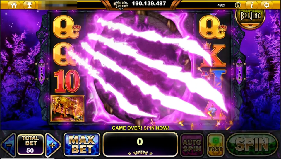 Panthera Pardus with a purple claw-slash effect tearing across the middle reels and GAME OVER! SPIN NOW! under the reels