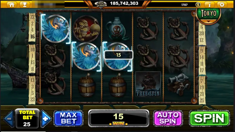 Phantom Island win of 15 with three blue parrots lined up across the first three reels, anchors and powder barrels below