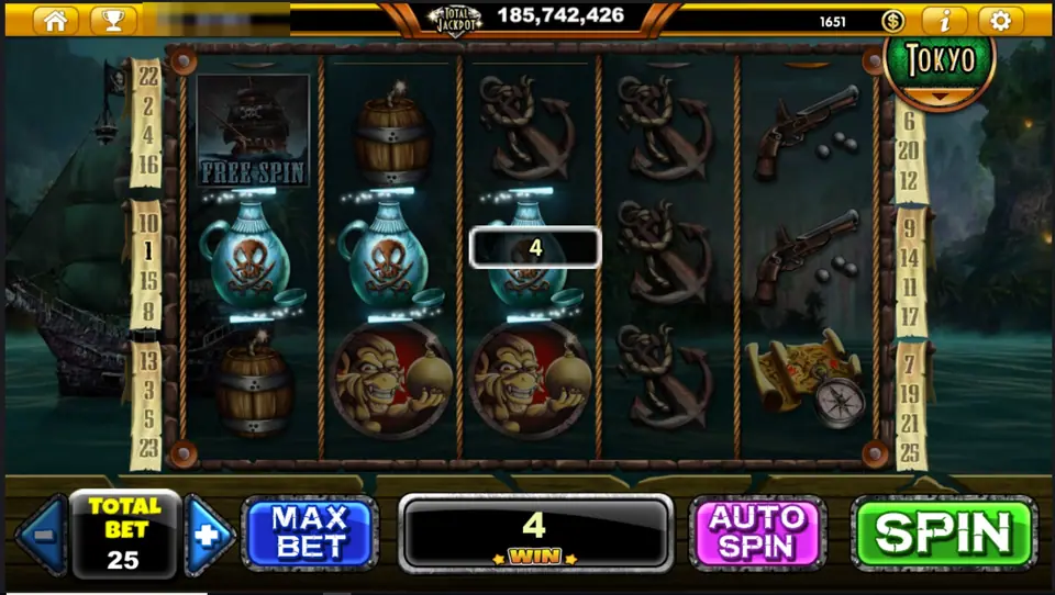 Phantom Island with three poison bottles across the middle row, flintlock pistols and a treasure map, win of 4