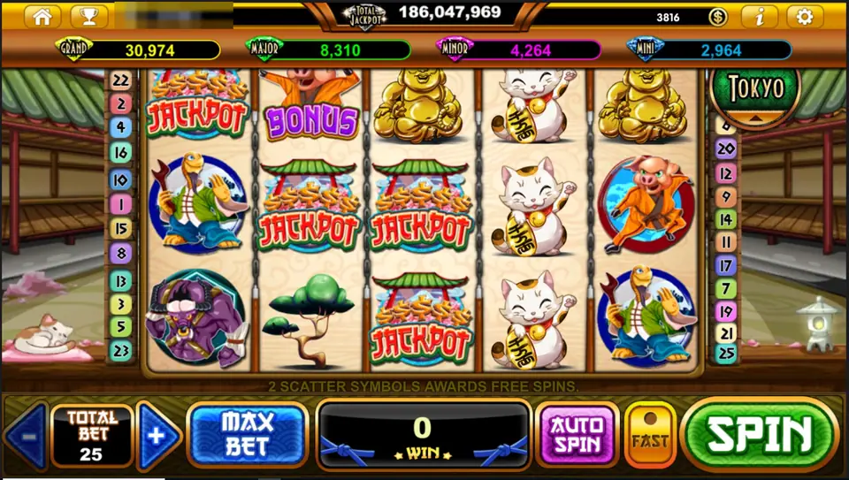 Pig of Fury slot with pagoda JACKPOT tiles, a kung fu pig marked BONUS, lucky cats, a golden laughing Buddha statue, a turtle master and a bonsai tree