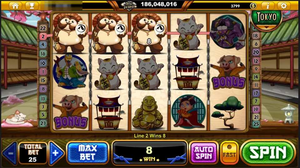 Pig of Fury win on line 2 with three tanuki holding sake bottles across the top row, plus lucky cats, a noodle cart and a geisha