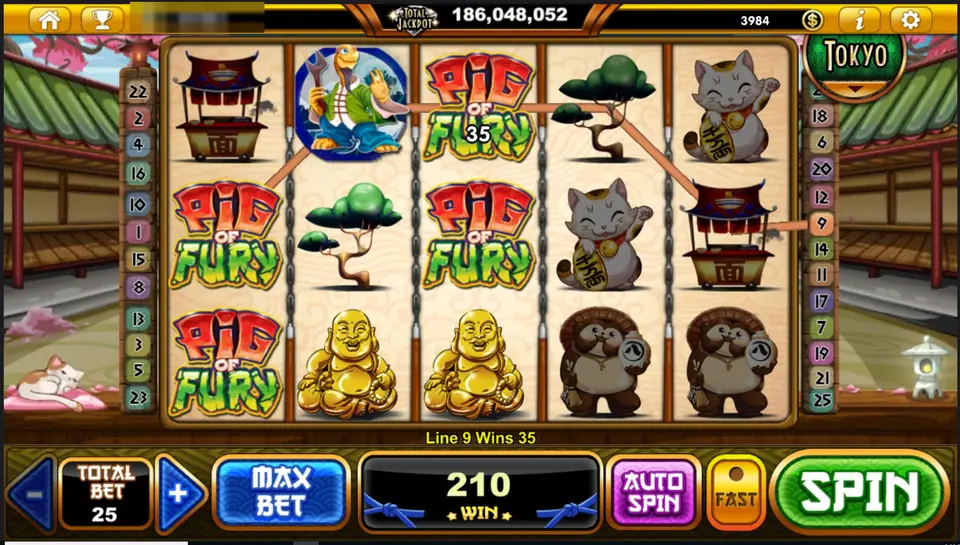 Pig of Fury with several red and green Pig of Fury logo tiles on reels 1 and 3, a win of 35 on line 9 and a total win of 210