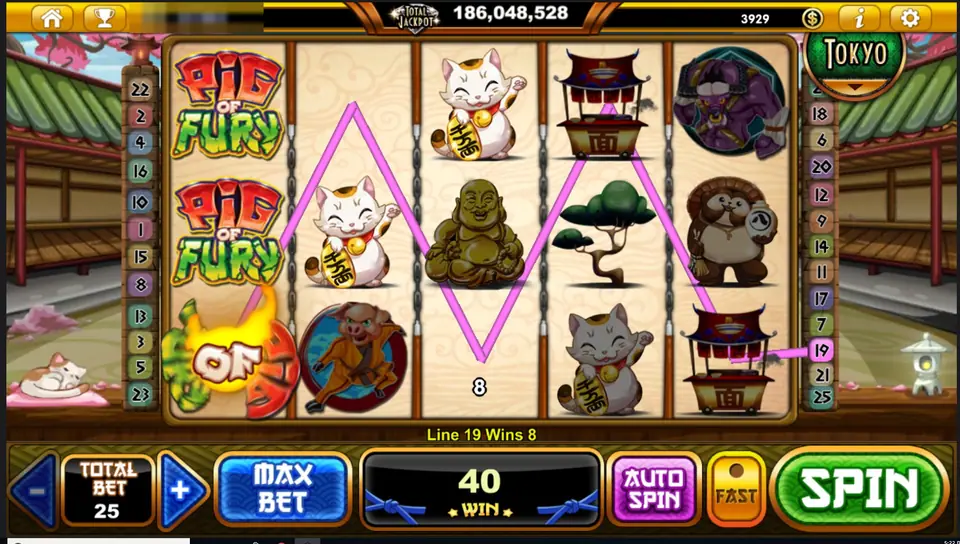 Pig of Fury with a zigzag pink win line on line 19 and a flaming logo symbol on the first reel