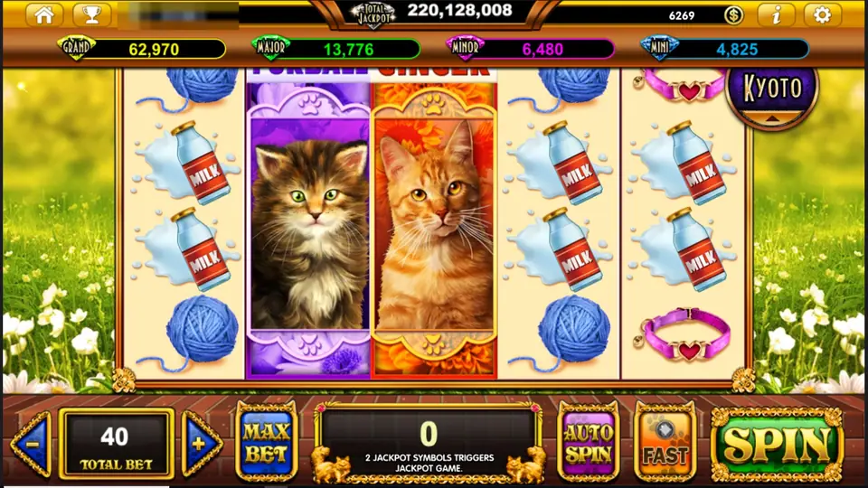 Pop Kittens base game with a Furball kitten on reel 2 and a Ginger kitten on reel 3, milk bottles, blue yarn balls and a pink heart collar