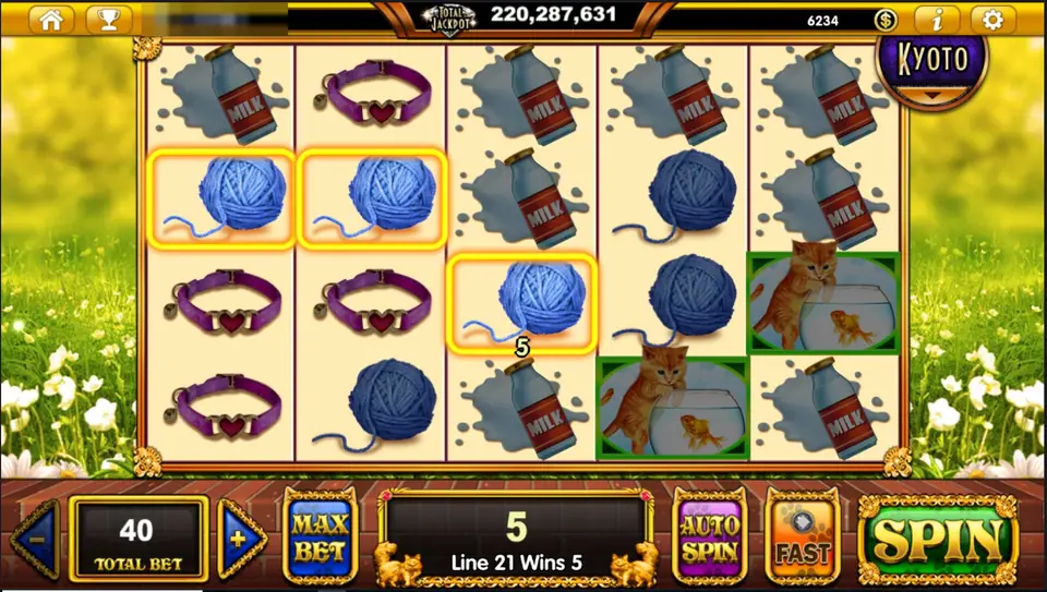 Pop Kittens win of 5 on line 21 with three yarn balls boxed in gold, plus two tiles of a kitten pawing at a goldfish bowl