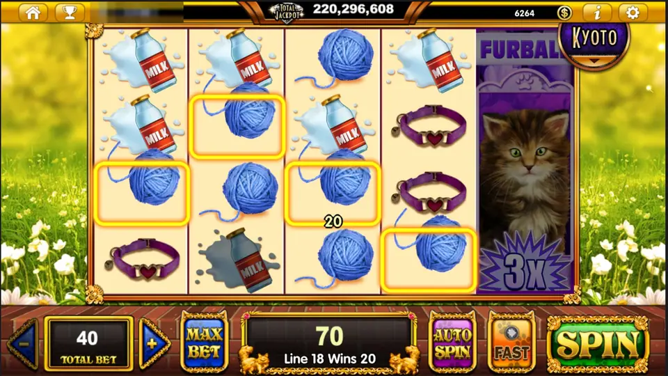 Pop Kittens with yarn-ball wins on line 18 and a full-height Furball kitten with a 3x badge on the last reel, total 70