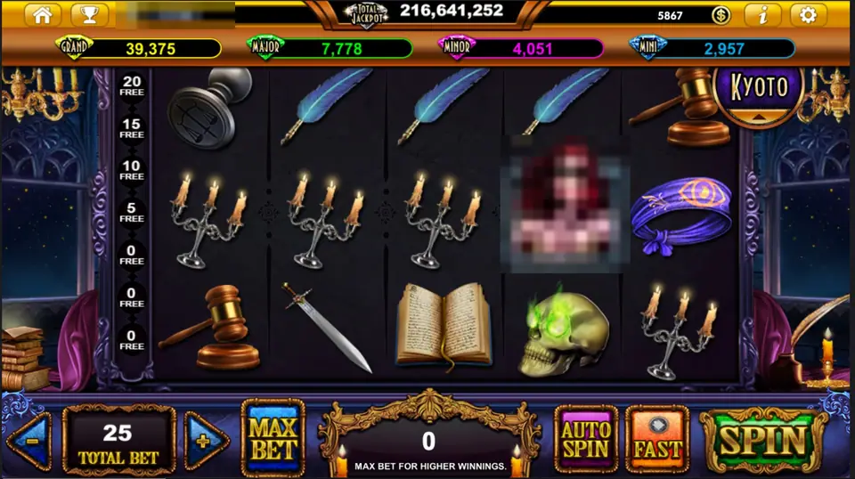 Queen Femida base game with candelabras across the middle row, gavels and quills, and a blurred portrait tile on the fourth reel