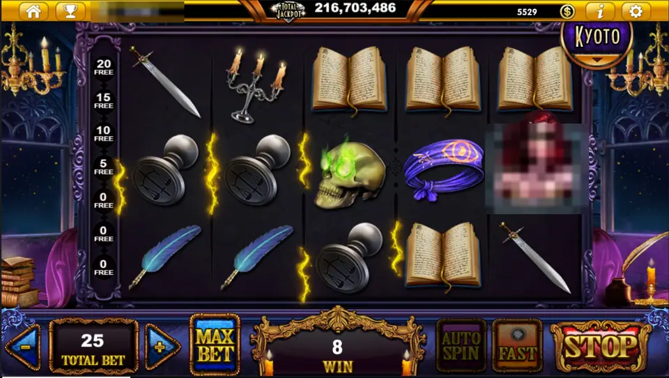 Queen Femida with a row of three open books at the top, wax seals and quills, and yellow lightning marks between the reels, win of 8