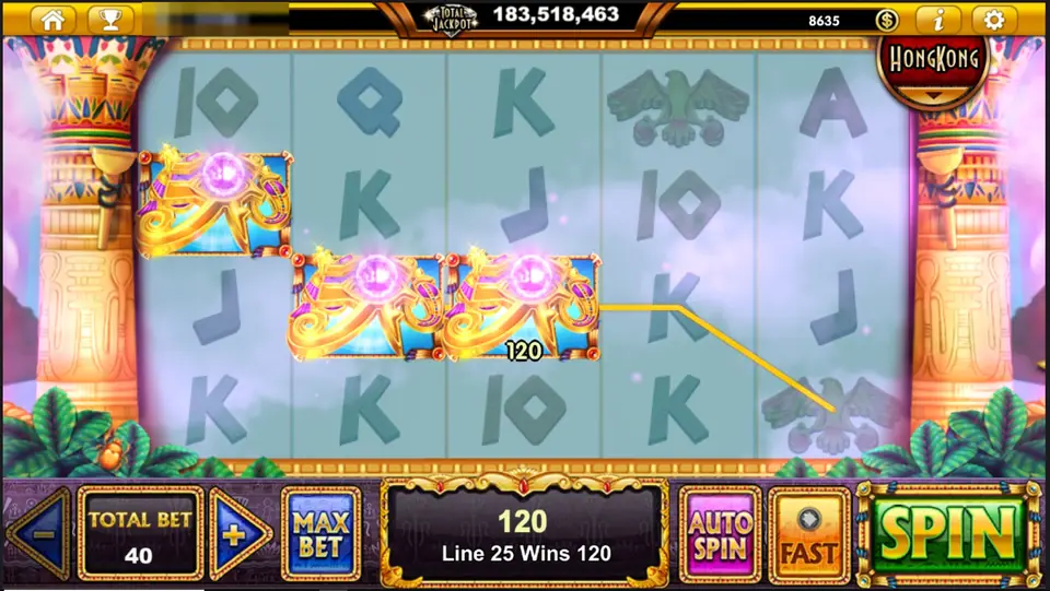 Ra the God of Sun win of 120 on line 25, three golden Eye of Horus symbols highlighted across reels 1 to 3 while the rest of the grid fades