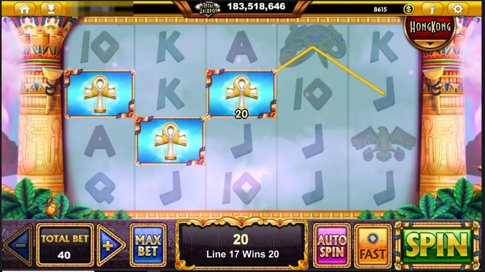 Ra the God of Sun win of 20 on line 17 with three golden ankh symbols on blue tiles