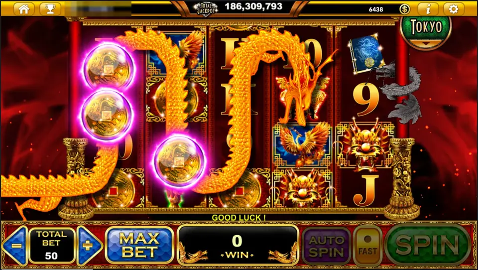 Resurrection Dragons with two long golden dragons sweeping across the reels, glowing coins in pink bubbles on reels 1 and 2 and GOOD LUCK! under the reels