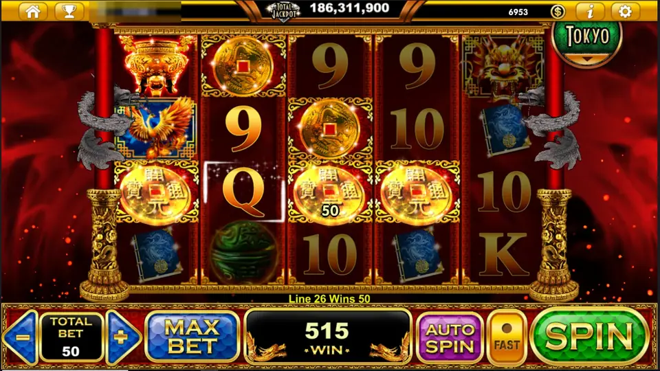 Resurrection Dragons with three gold coins paying on line 26 for 50 and a total win of 515
