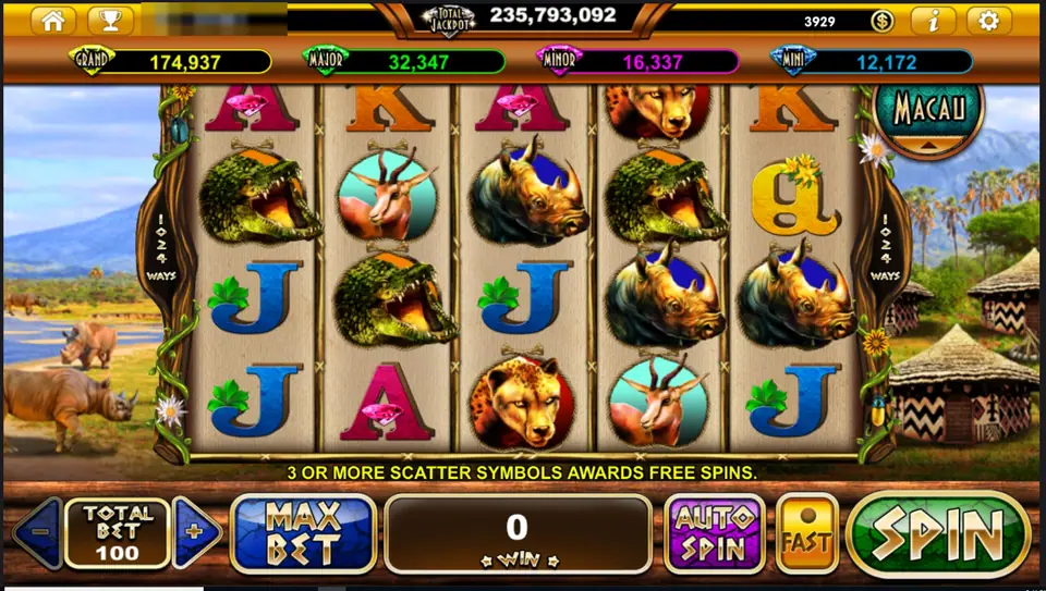 Rhino Crash slot with rhinos, crocodiles, a cheetah and springbok on a 5x4 grid, 1024 WAYS on both sides and a savanna with rhinos and thatched huts behind